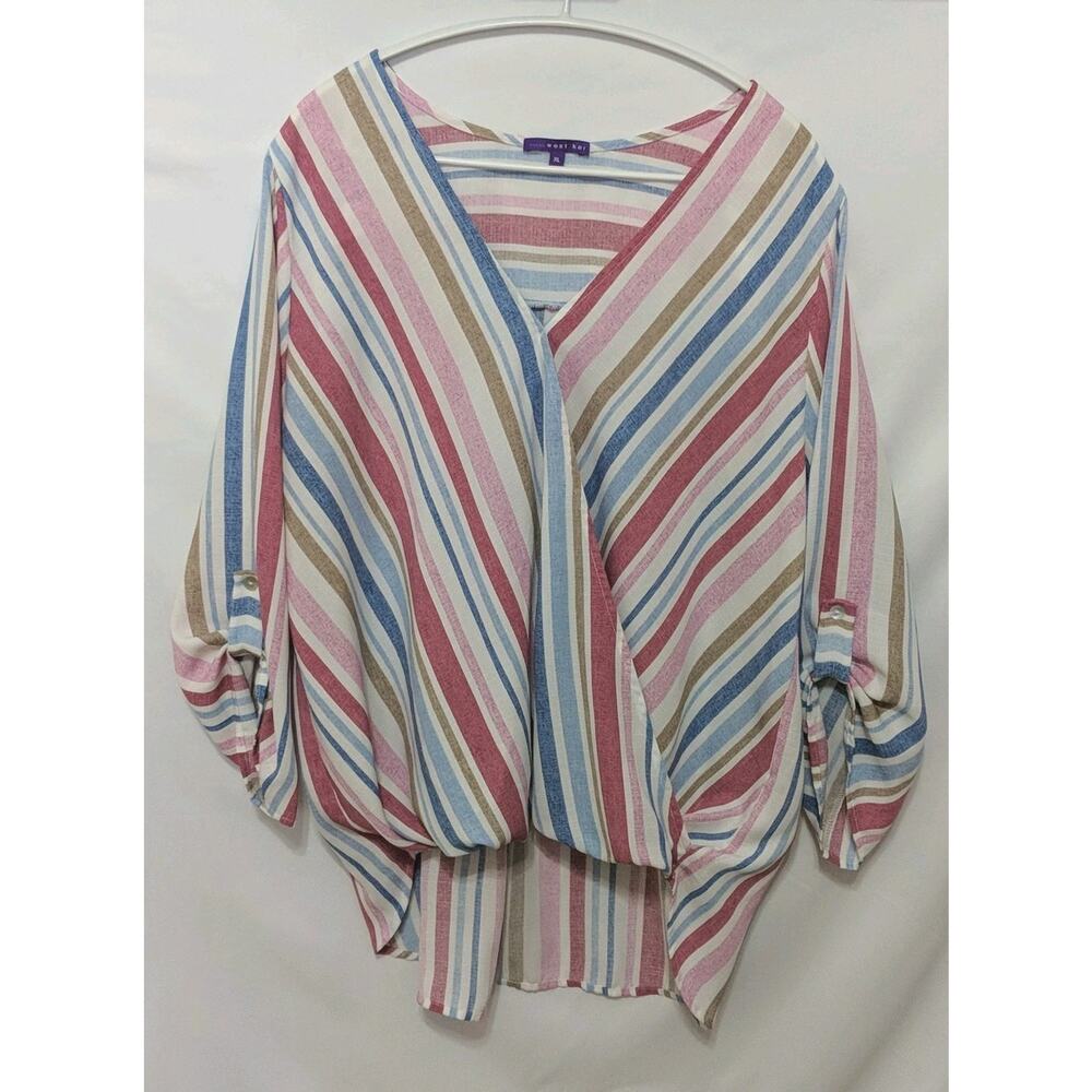West Kei Women's Top Blouse Striped Wrap V-Neck Hi Lo Summer Beach Vacation